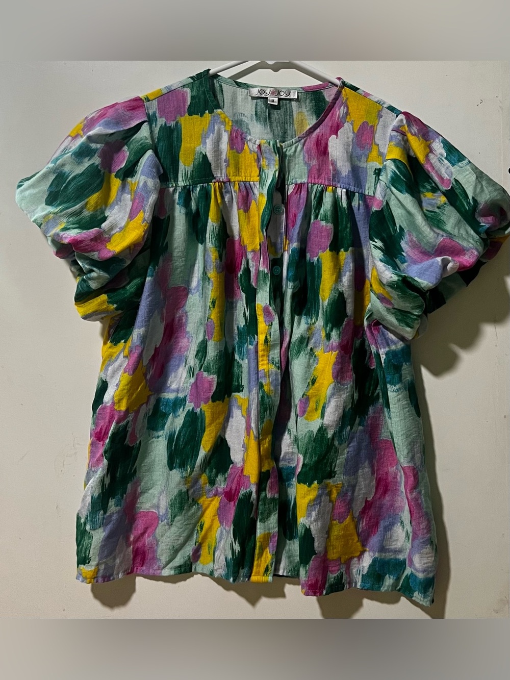 Joy Joy Multicolor Abstract Floral Puff-Sleeve Button-Down Top